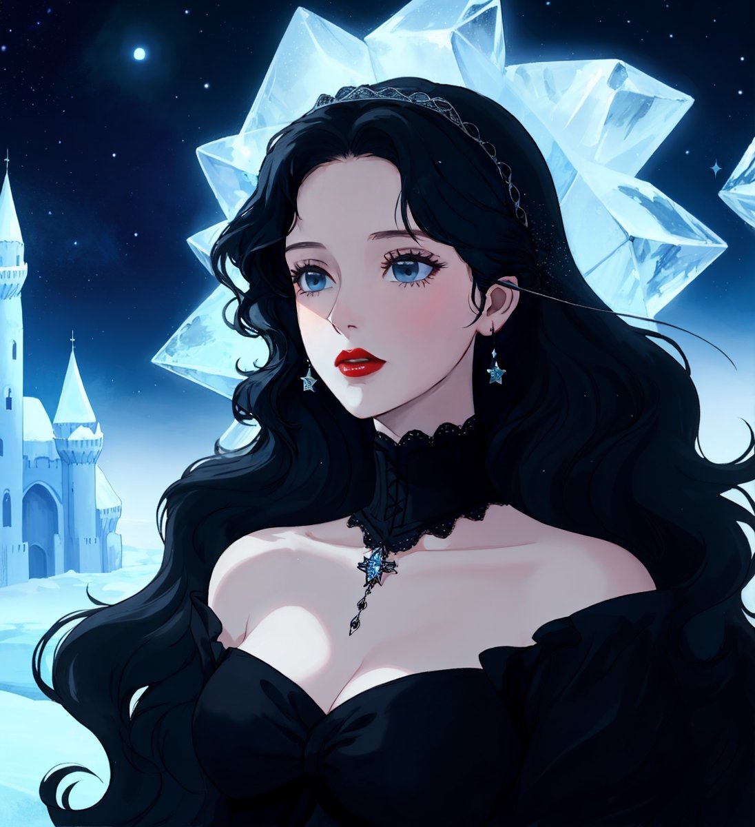 An ethereal woman, thirty years old, long black wavy straight hair, light ice blue eyes, red lips, fair skin, gothic victorian black dress, starry night sky, ice castle, 1girl