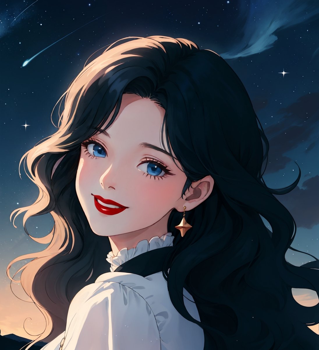 An ethereal woman, thirty years old, long black wavy straight hair, ice-blue eyes, red lips, fair skin, winking smile, gothic victorian black, starry night sky, 1girl