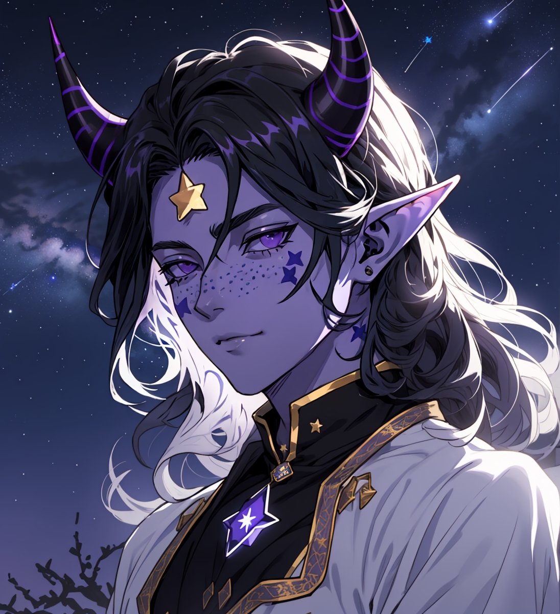 elven boy with long wavy straight black hair, purple horns, black sclera, light blue ice, purple skin with white dots on the face, elegant violet dress, star_(symbol), stars_(sky)