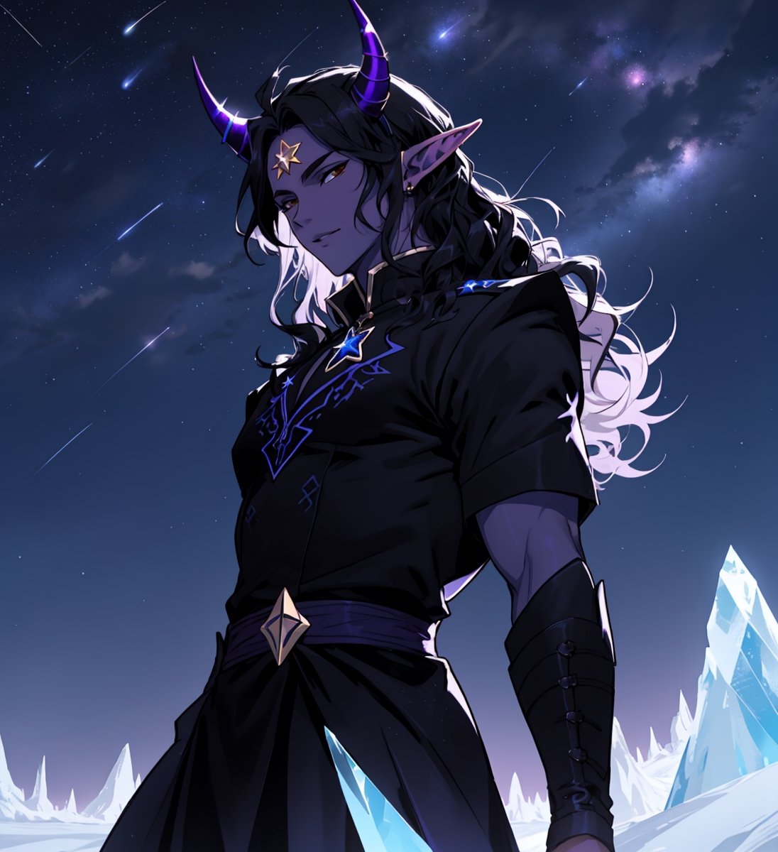 elven man with long wavy straight black hair, purple horns, black sclera, light blue ice, violet skin, elegant black dress, star_(symbol), stars_(sky)