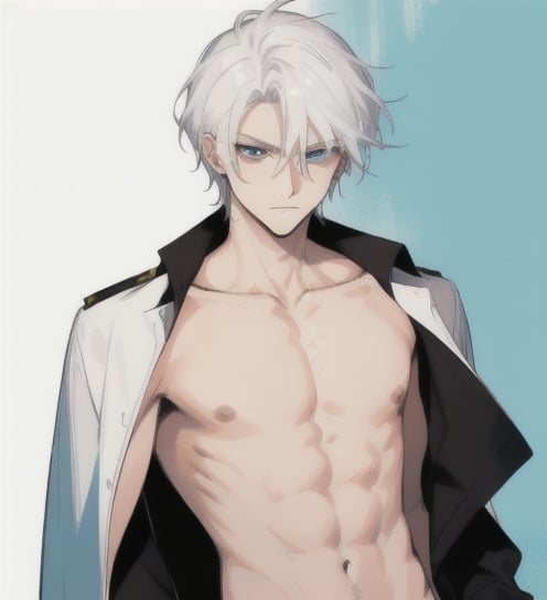 A man with long straight white hair, ipnotic light cerulean eyes, fair skin, authoritarian expression, bare chest,1guy