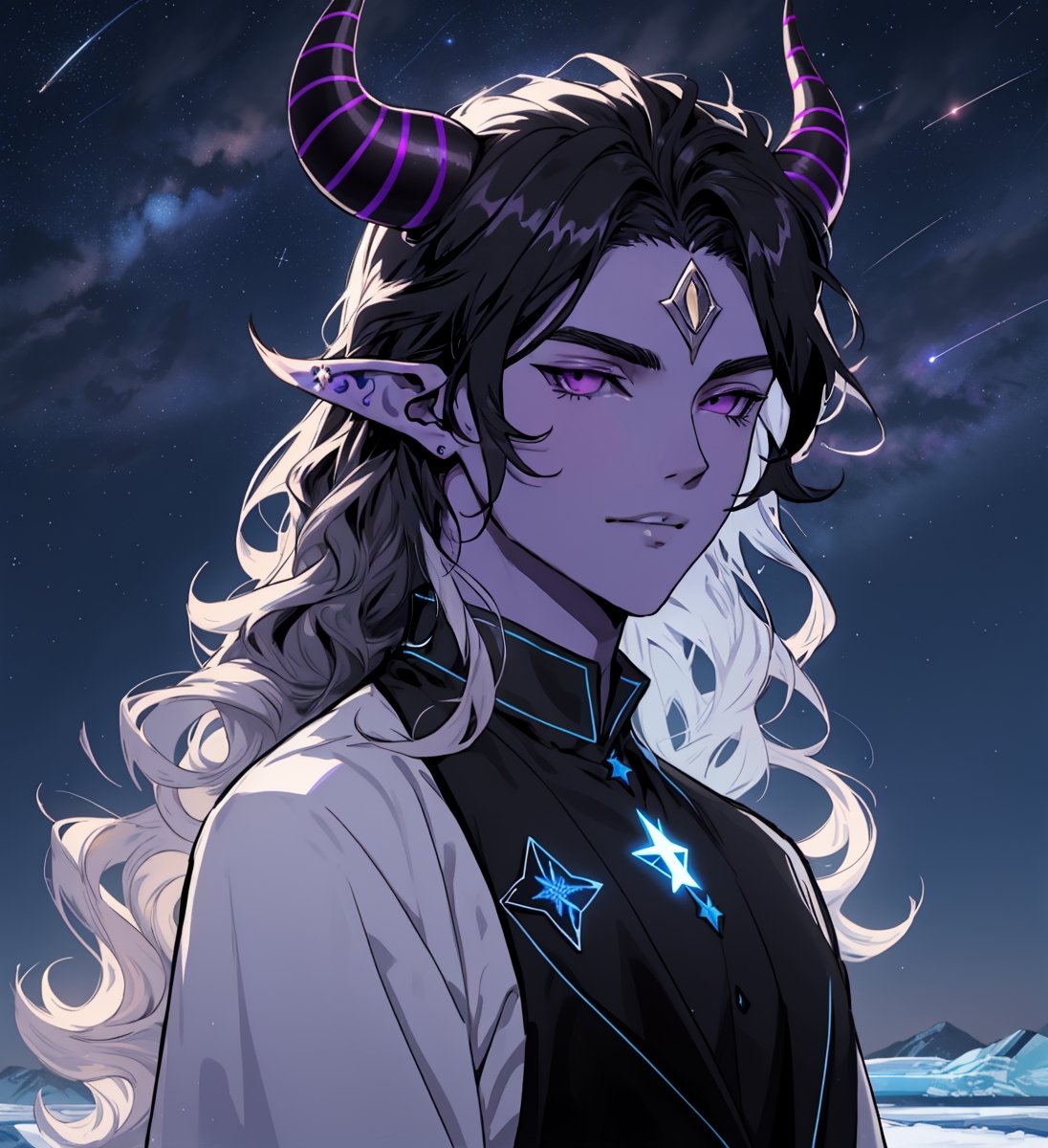 elven man with long wavy straight black hair, purple horns, black sclera, light blue ice, violet skin, elegant black dress, star_(symbol), stars_(sky)