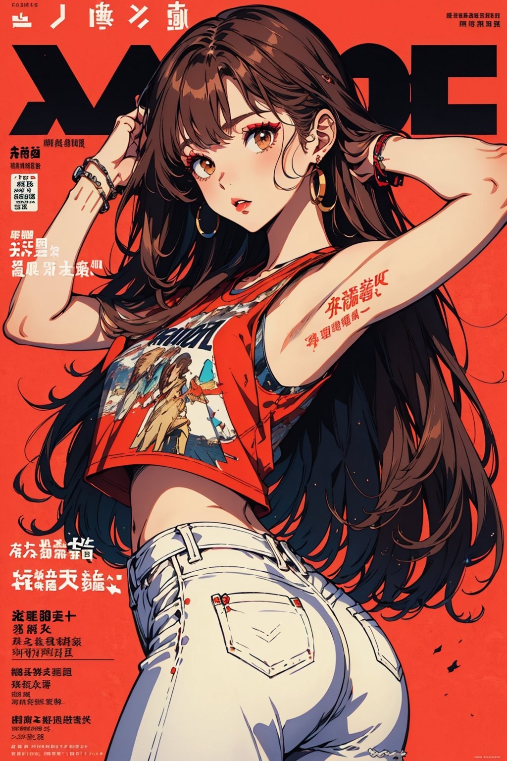 magazine cover, 1 girl, masterpiece, cinematic lighting, (magazine cover), red background, Chinese text, fashion model, perfect face, makeup, petite, 18 years old, long hair, light brown hair, expensive clothes,white racer back sleeveless t-shirt, denim pants,intricate jewelry, posing, hands on head, standing, ,90s style, brown eyes,