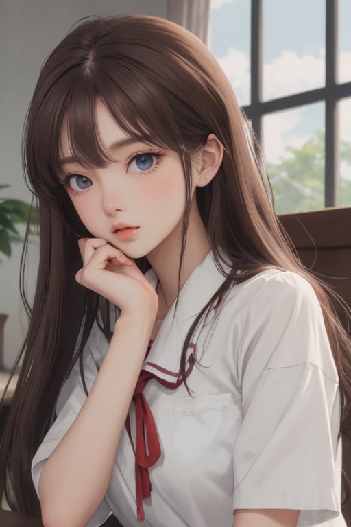 1girl, bangs, blunt bangs,  blue eyes, (brown hair:1.3), depth of field, long eyelashes,  indoors, lips, long hair,  high school uniform, ribbon, short sleeves, solo
masterpiece, best quality, intricate details, absurdres, anime screencap, Vivid, Niji Style,