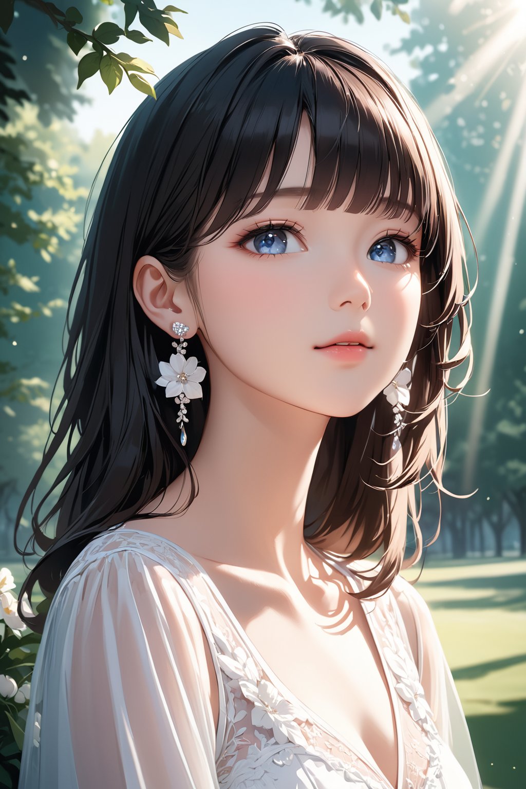 (8k, best quality, (look up:1.2), (masterpiece:1.2), ultra high resolution, high contrast, super detailed, professional Lighting, lively atmosphere, Under the bright spring sunshine, sunlight through the trees in a park, beautiful spring flowers, elegant ,  gentle, 1girl, blue eyes, styled black hair, bangs, flower earrings, blue of shoulder dress, hair ornaments, holding, cute appearance, young girl, doe eyes, gentle, happy。Her beautiful face, perfect figure, lovely figure,  peaceful , shine, calm atmosphere.