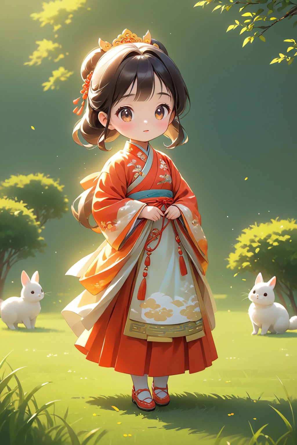 Children's Q version，Q version  standing on the grass，lovely digital painting, Clean background cute digital art, Cute detailed digital art, Cute cartoon character, Beautiful character painting, Chinese girl, Realistic cute girl painting, Beautiful digital artwork, Palace ， A girl in Hanfu, cute character, Cute cartoon, digital cartoon painting art, Guviz-style artwork