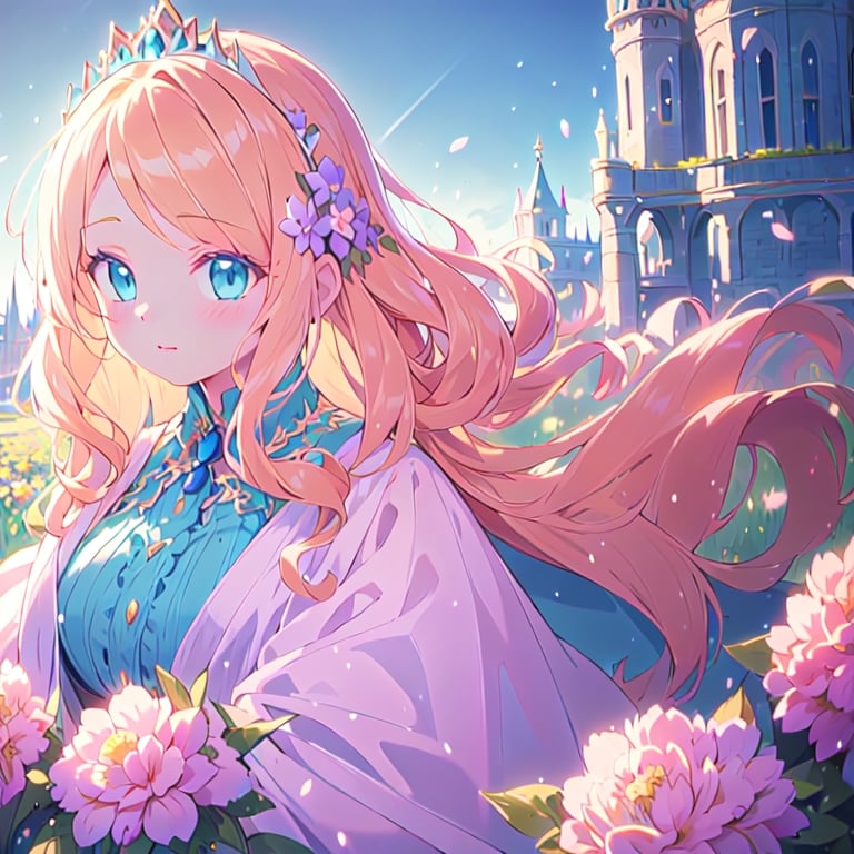 masterpiece, best quality, 1girl, long curly blond hair, princess hairstyle, aqua eyes, blush, princess dress, holding flowers, castle flower garden, blue sky, close up, cinematic lighting,