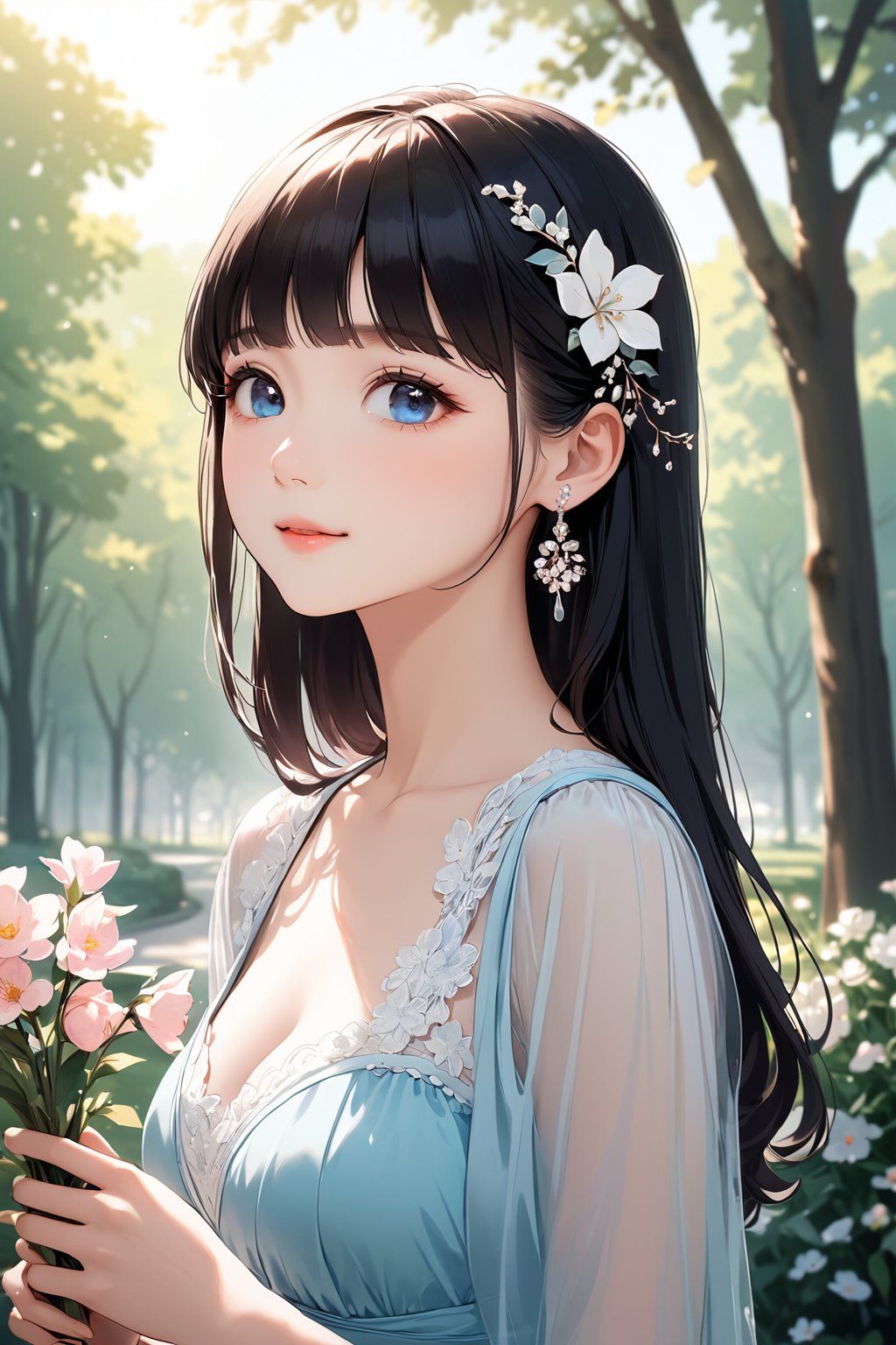 (8k, best quality, (look up:1.2), (masterpiece:1.2), ultra high resolution, high contrast, super detailed, professional Lighting, lively atmosphere, Under the bright spring sunshine, sunlight through the trees in a park, beautiful spring flowers, elegant ,  gentle, 1girl, blue eyes, styled black hair, bangs, flower earrings, blue of shoulder dress, hair ornaments, holding, cute appearance, young girl, doe eyes, gentle, happy。Her beautiful face, perfect figure, lovely figure,  peaceful , shine, calm atmosphere.