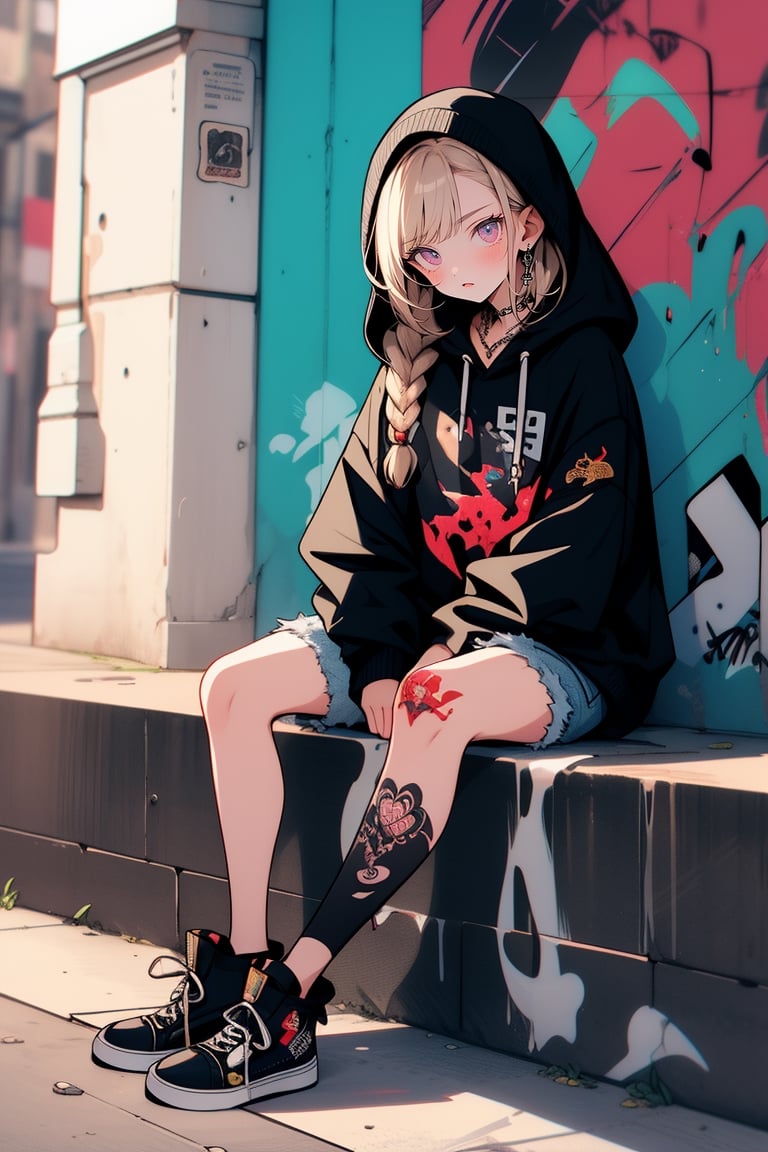 (masterpiece:1.1), (highest quality:1.1), (HDR:1.0), 1girl, perfect body, full leg dragon tattoos:1.5, red braids, black cropped hoodie:0.5, cut off denim shorts:0.5, sneakers, attractive, stylish, tick gold chain necklace:0.5, designer, black, asymmetrical, graffiti, street art, Female, hmnc1, BJ_Violent_graffit, High detailed, sitting, 