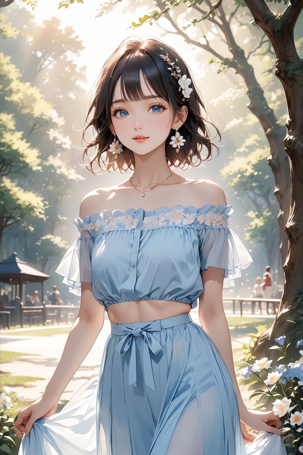 (8k, best quality, (look up:1.2), (masterpiece:1.2), ultra high resolution, high contrast, super detailed, professional Lighting, lively atmosphere, Under the bright spring sunshine, sunlight through the trees in a park, beautiful spring flowers, elegant ,  gentle, 1girl, blue eyes, styled black hair, bangs, flower earrings, blue of shoulder dress, hair ornaments, holding, cute appearance, young girl, doe eyes, gentle, happy。Her beautiful face, perfect figure, lovely figure,  peaceful , shine, calm atmosphere.