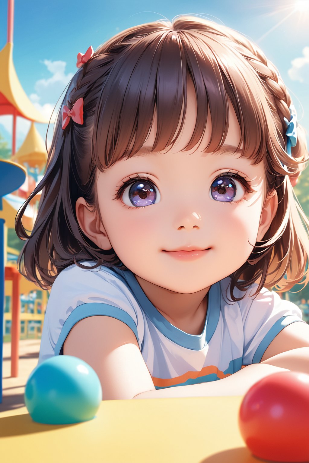 (best quality, highres), long brown hair,bow on head,girl,beautiful detailed eyes,beautiful detailed lips,long eyelashes,soft facial features, cute smile, looking at, a colorful playground with children playing, happiness, smiling, vibrant colors,pleasant lighting,artistic rendering,(The cutest girl in the world:1.5),