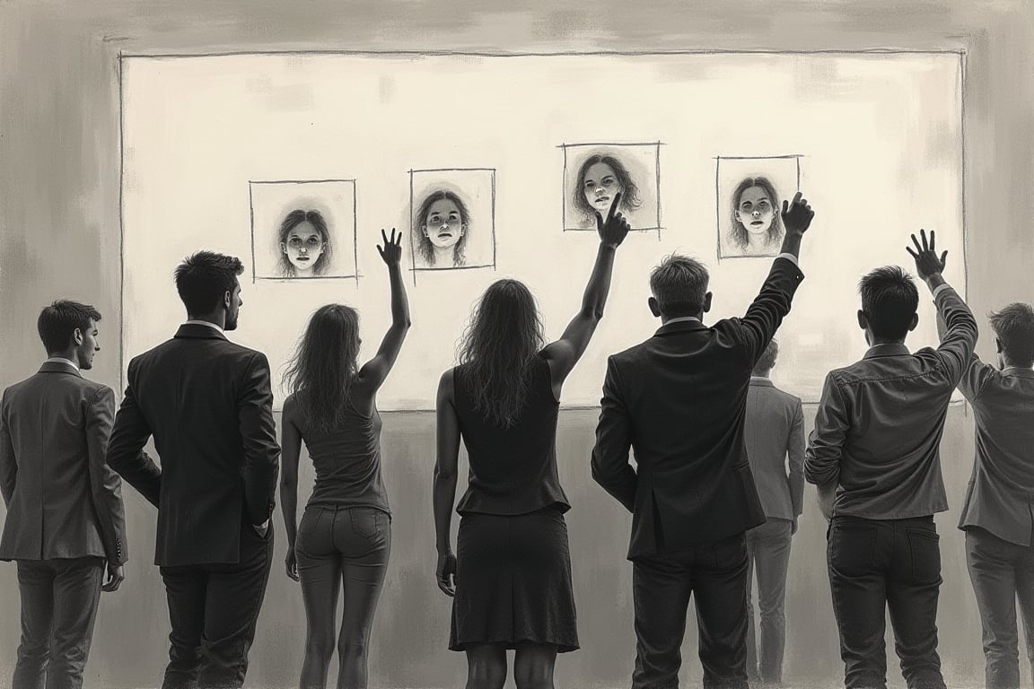 group of people standing in front of a 1screen covered by faces ' images in small boxes, sketch charcoal blurred drawing, some raising an arm, in the style of Ashley Wood