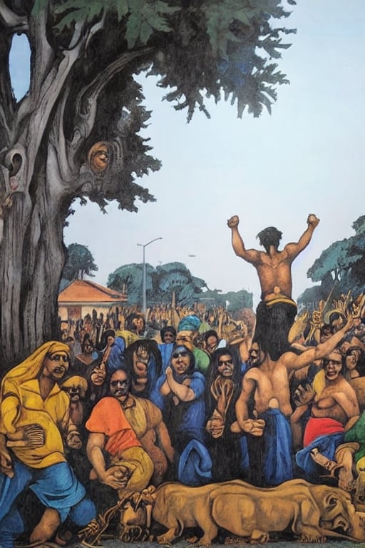 Man raising a fist heading in a street with trees, several people around him, Carpani, carpani