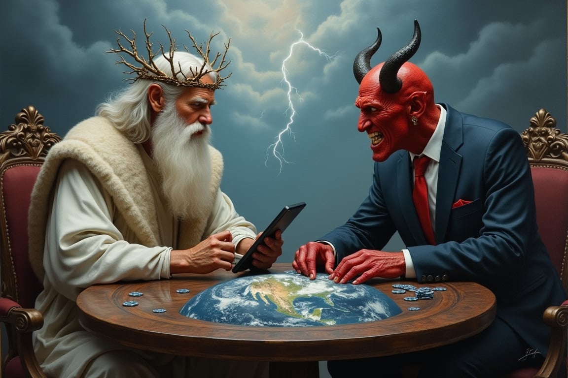 White-bearded God with a tiara of branches and holding a tablet plays poker with the Devil with horns, dressed in suit, and showing a sarcastic look, on the planet Earth as a table and with a stormy background of clouds and lightning, cinematic, oil painting