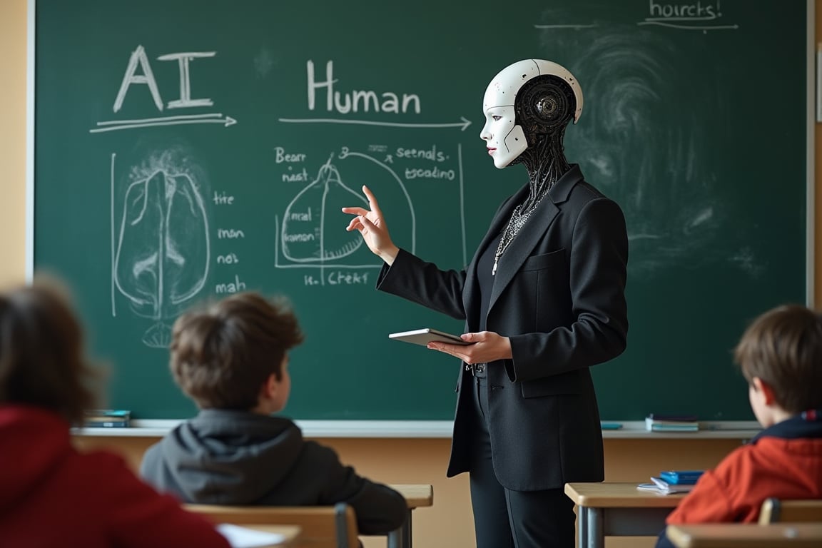 Cyborg teacher with facial implants explaining a  diagram about AI vs Human learning on the blackboard in a high school, students sitting at desks, cyberpunk art