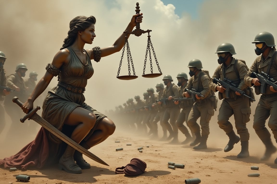 side view of Lady Justice of Latin complexion crouched holding her rusty sword raised in a hand and a two-span scale in the other, facing a group of modern uniformed soldiers with helmets, gas mask and weapons, amidst smoke and traces of burning projectiles, her blindfold on the dusty floor, cinematic, people running and fleeing around, advancing, dramatic, asymmetric, ultra detailed oil painting in the style of Eugene Delacroix