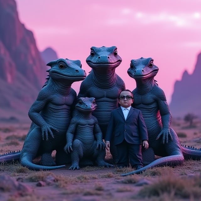 Reptile-headed alien family posing for a photo against an alien landscape with violet, purple and indigo hues, as a human dressed in a suit surprisingly drops in from behind