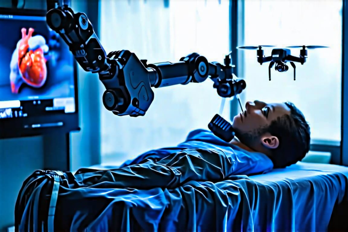 Large robotic arm approaches with scalpel in hand to the operating table where a patient lies. Drones flying around, on back wall there are a screen with a realistic 3d image of a human heart, cinematic, matte painting, ultra detailed, 8K