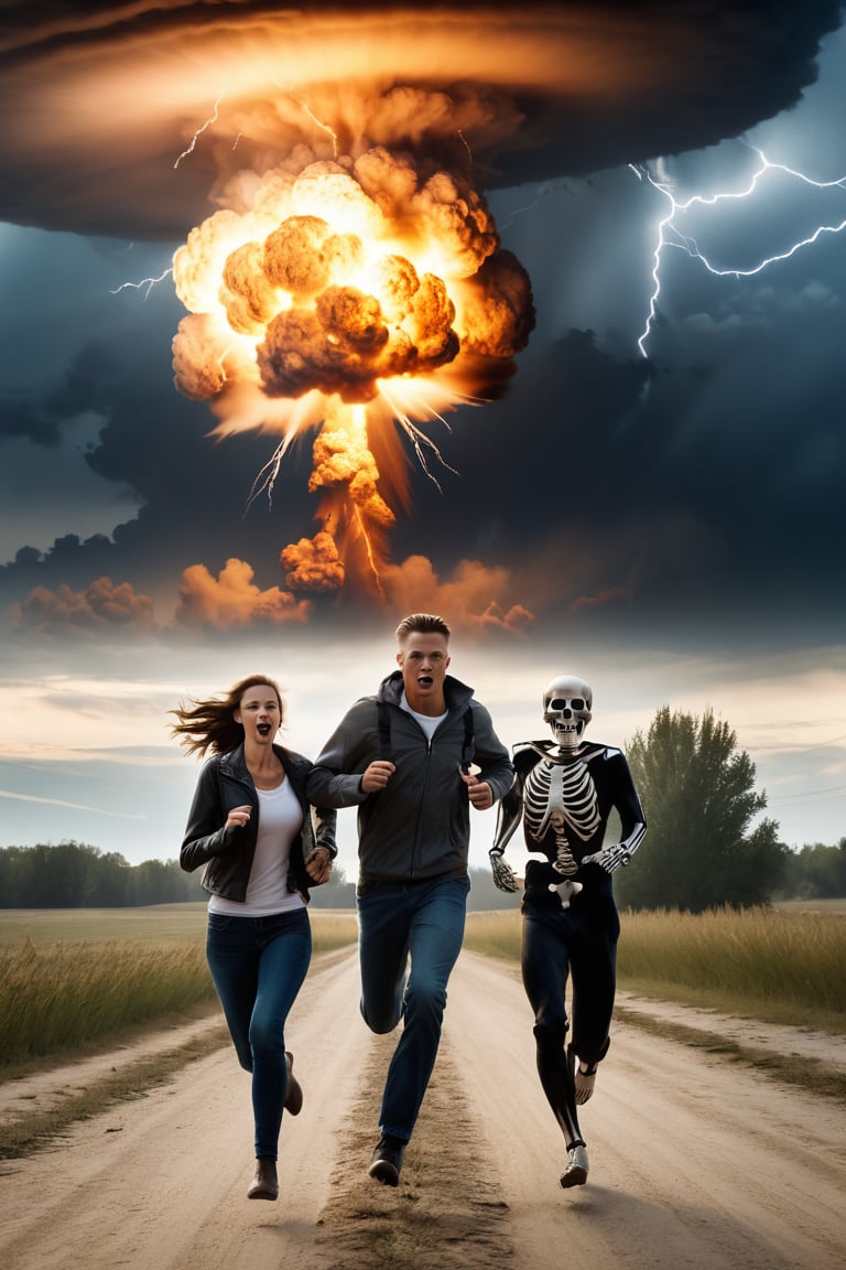 A couple with fear gesture running, background with a nuclear explosion, backlighting, gloomy sky, lightning bolts, dutch angle, skeletonss, rays, skeletons, cinematic, dramatic