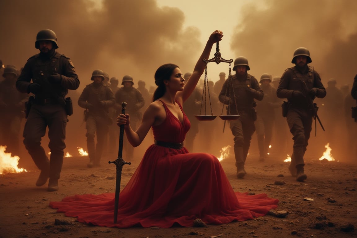 Side view of Lady Justice of Latin complexion dressed in red crouched with  the two-pan scale in one hand and  her sword raised in the other, in front and facing uniformed cops with shields advancing. amidst smoke and traces of burning projectiles,  cinematic, people running and fleeing around, dramatic