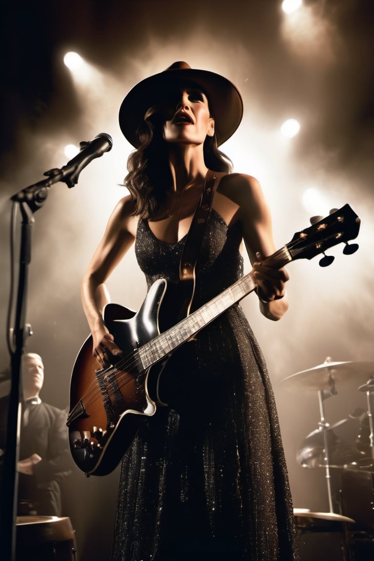 Jennifer Connelly as a woman singing blues on a stage, spotlight illuminating her figure, in background you can see a double bassist wearing hat and a drummer among smoke, wide angle, frontal view from below, high resolution, extremely detailed JenniferConnelly