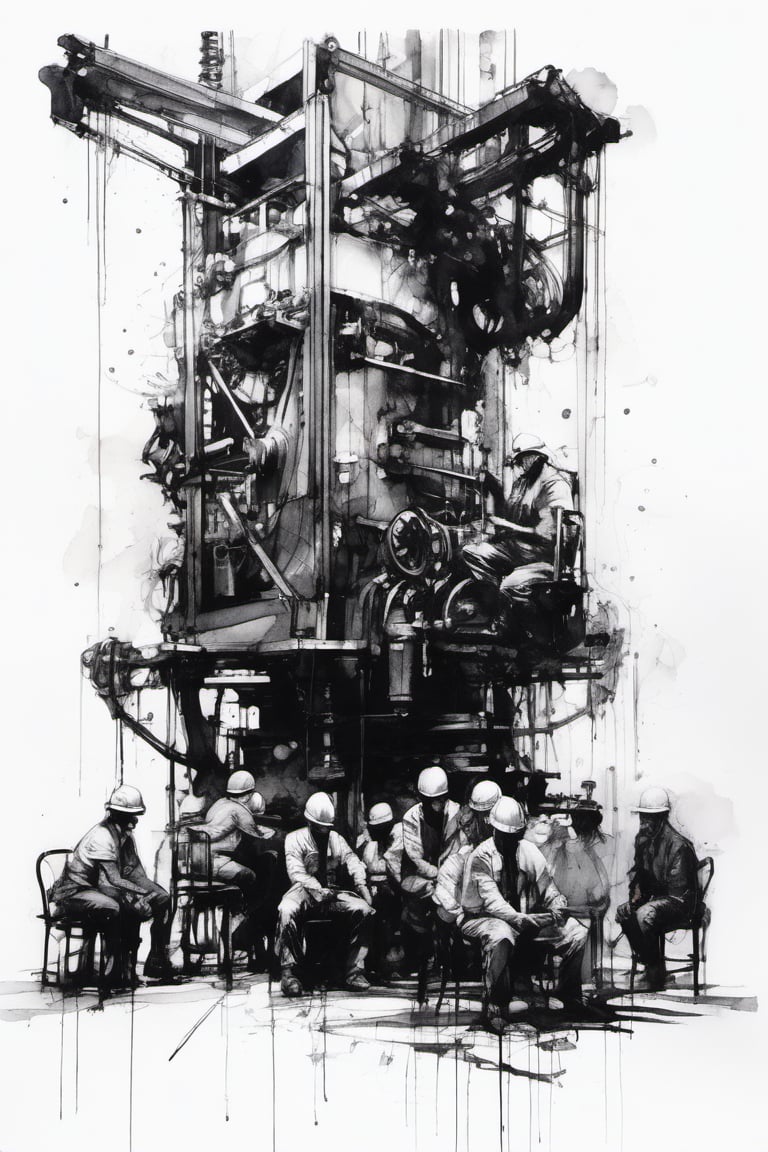 group of chained workers sitting in small chairs moving cranks of a gigantic machine, sterampunk, ink drawing, white background,  Agnes Cecile