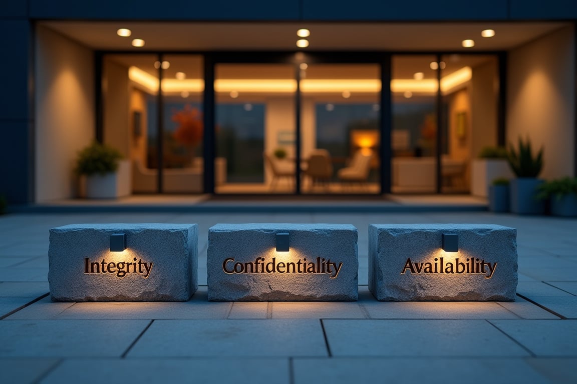 Three stone blocks carved with the words "Integrity", "Confidentiality" and "Availability" arranged on the ground forming a triangle, in front of a modern building with glass doors, night scene