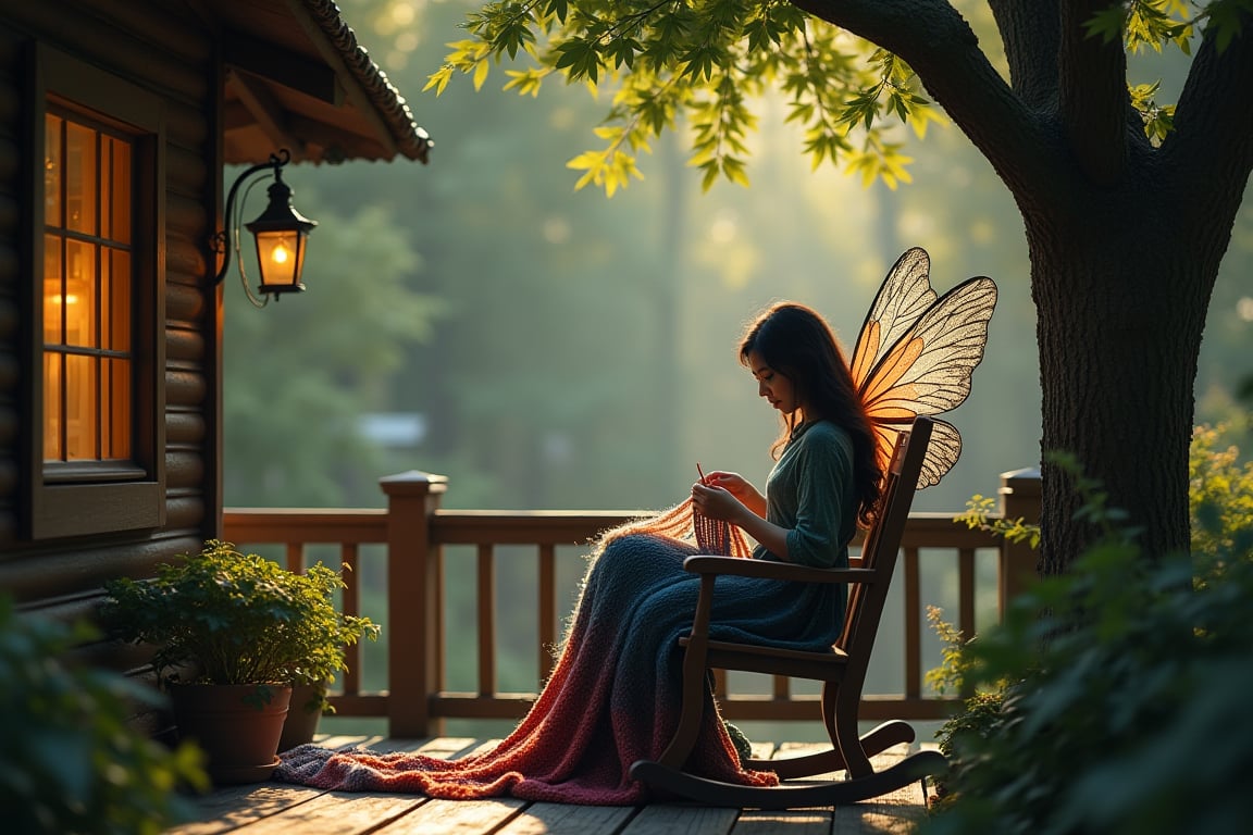 blakc-hired translucent-winged fairy knits a long, multi-colored scarf on two needles, she sits in a rocking chair on the terrace of a wooden house on a tree, morning, dew drops on the leaves, low illuminated, ultra detailed, chiaroscuro