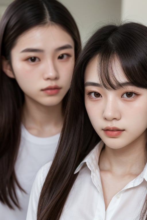 a close up of a woman with long hair wearing a white shirt, 1 8 yo, 18 years old, 19-year-old girl, xintong chen, korean girl, xision wu, heonhwa choe, 2 2 years old, 21 years old, ulzzang, wenfei ye, young cute wan asian face, lips,downblouse