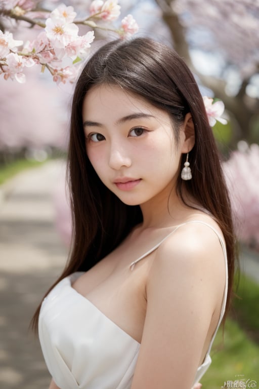 A 16-year-old Japanese beauty,in the sakura flowers.Turn slightly