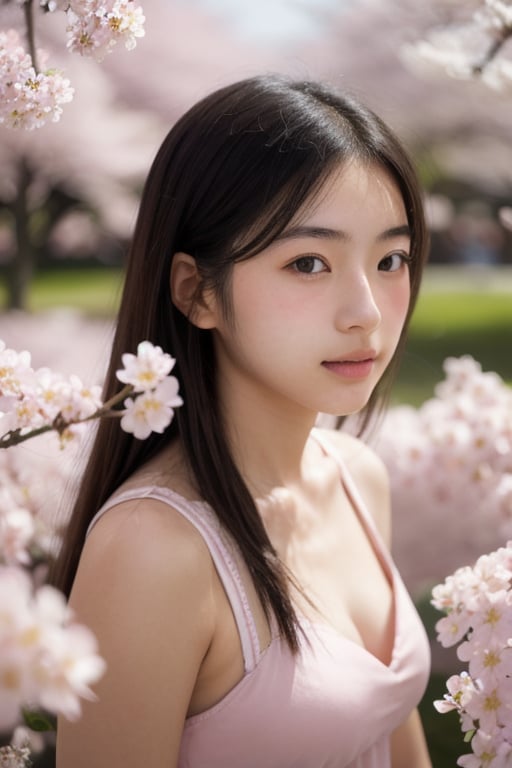 A 16-year-old Japanese beauty,in the sakura flowers.Turn slightly