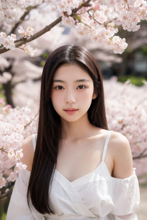 A 16-year-old Japanese beauty,in the sakura flowers.Turn slightly