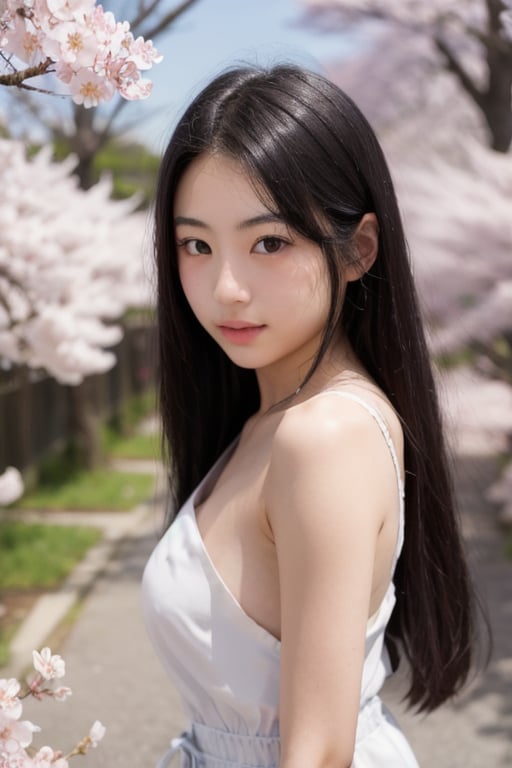 A 16-year-old Japanese beauty,in the sakura flowers.Turn slightly