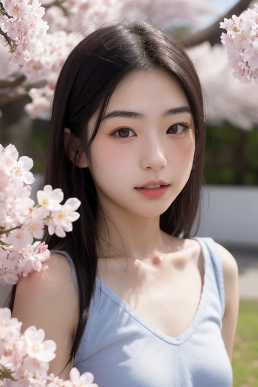 A 16-year-old Japanese beauty,in the sakura flowers.Turn slightly