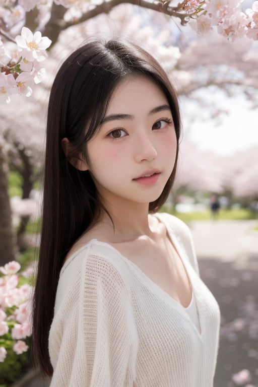 A 16-year-old Japanese beauty,in the sakura flowers.Turn slightly