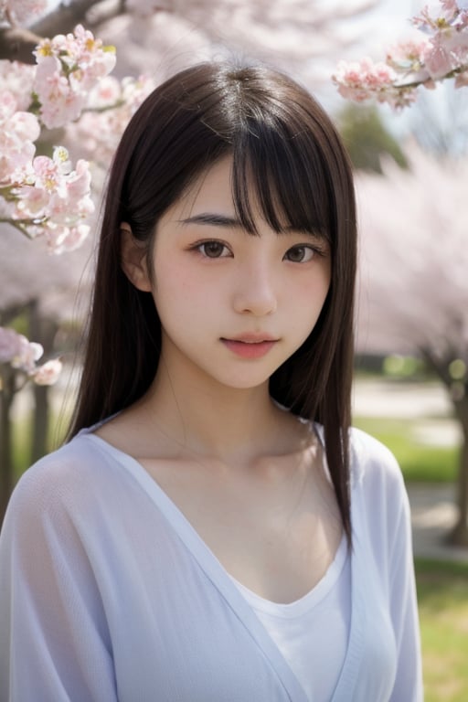 A 16-year-old Japanese beauty,in the sakura flowers.Turn slightly