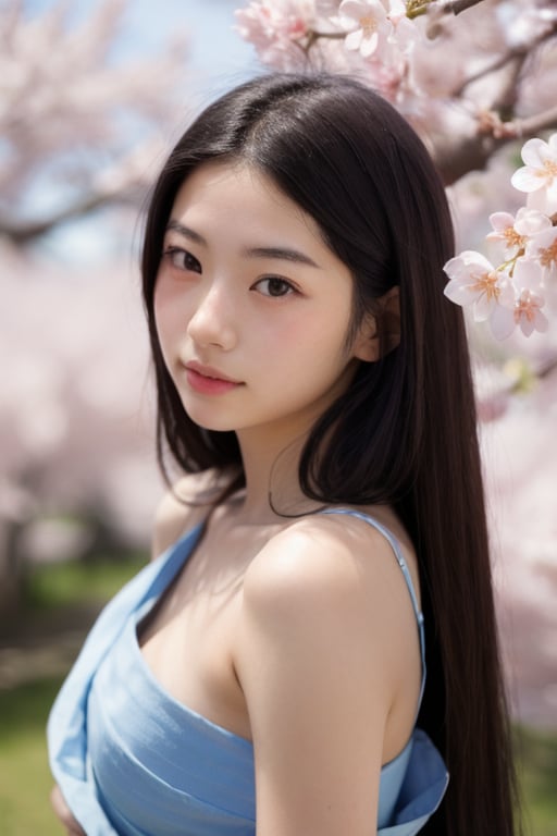 A 16-year-old Japanese beauty,in the sakura flowers.Turn slightly