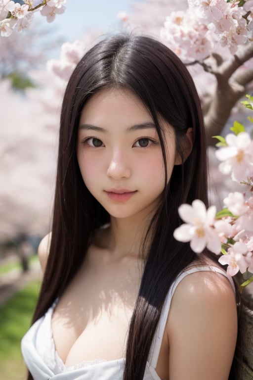 A 16-year-old Japanese beauty,in the sakura flowers.Turn slightly