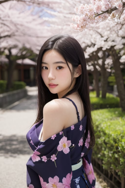 A 16-year-old Japanese beauty,in the sakura flowers.Turn slightly