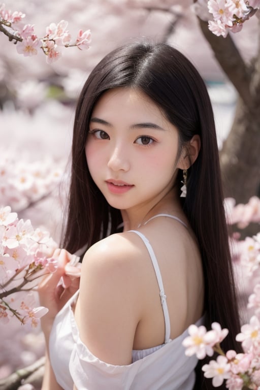 A 16-year-old Japanese beauty,in the sakura flowers.Turn slightly