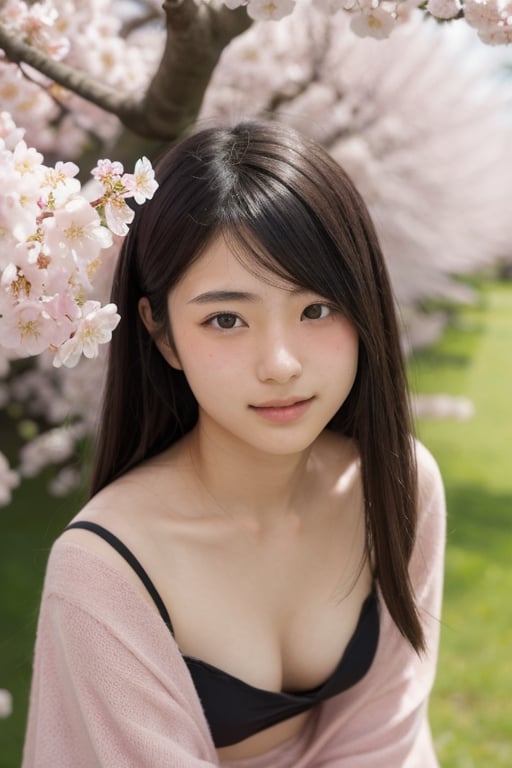 A 16-year-old Japanese beauty,in the sakura flowers.Turn slightly