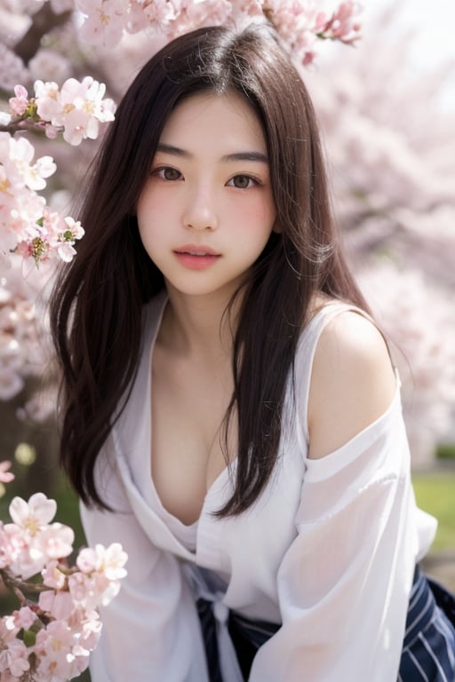 A 16-year-old Japanese beauty,in the sakura flowers.Turn slightly