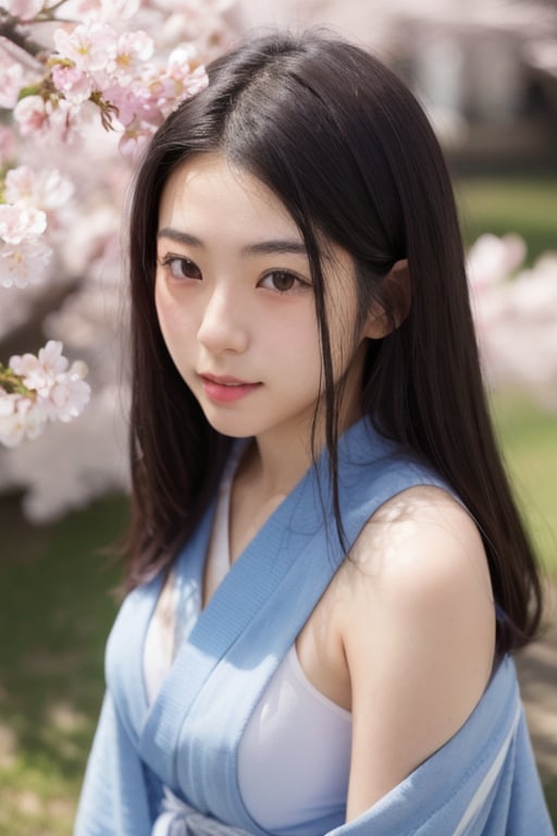 A 16-year-old Japanese beauty,in the sakura flowers.Turn slightly