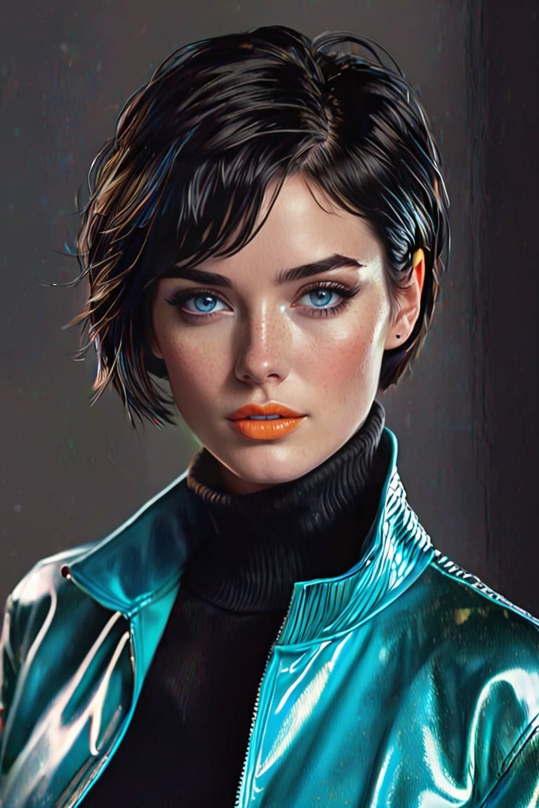 Generate hyper realistic image of a beautiful  woman with blue eyes and black short hair, wearing a neon jacket and a stylish turtleneck. Her upper body is depicted with realistic details, showcasing the subtle charm of parted lips and a hint of freckles. The scene captures the essence of a studio with her hair slightly messy, giving a touch of natural elegance.background club