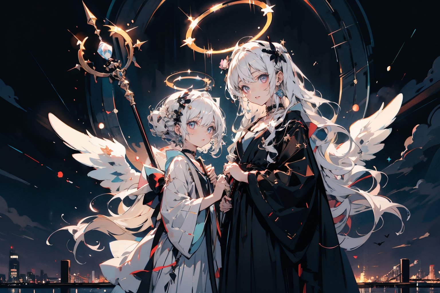 2 cute girl holding Staff, white hair, pale skin, balck dress, choker, vintage, night, night_sky, angel_halo,halo,Holy light,anime girl