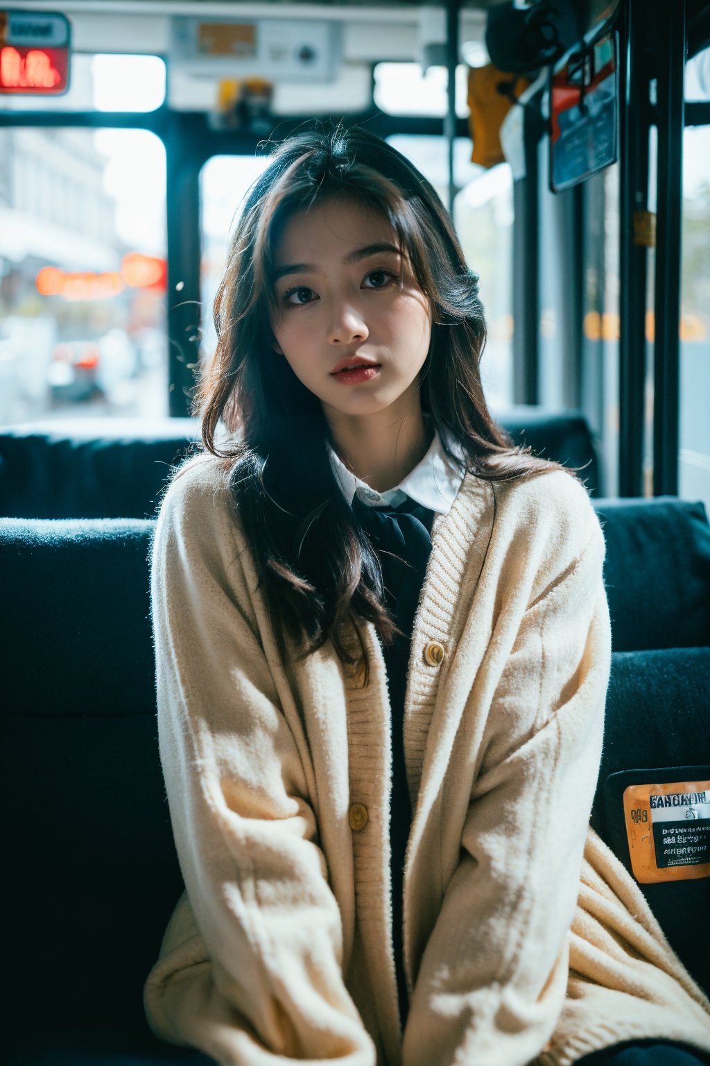 cute girl sitting on a bus, natural lighting from window, 35mm lens, soft and subtle lighting, girl centered in frame, shoot from eye level, incorporate cool and calming colors