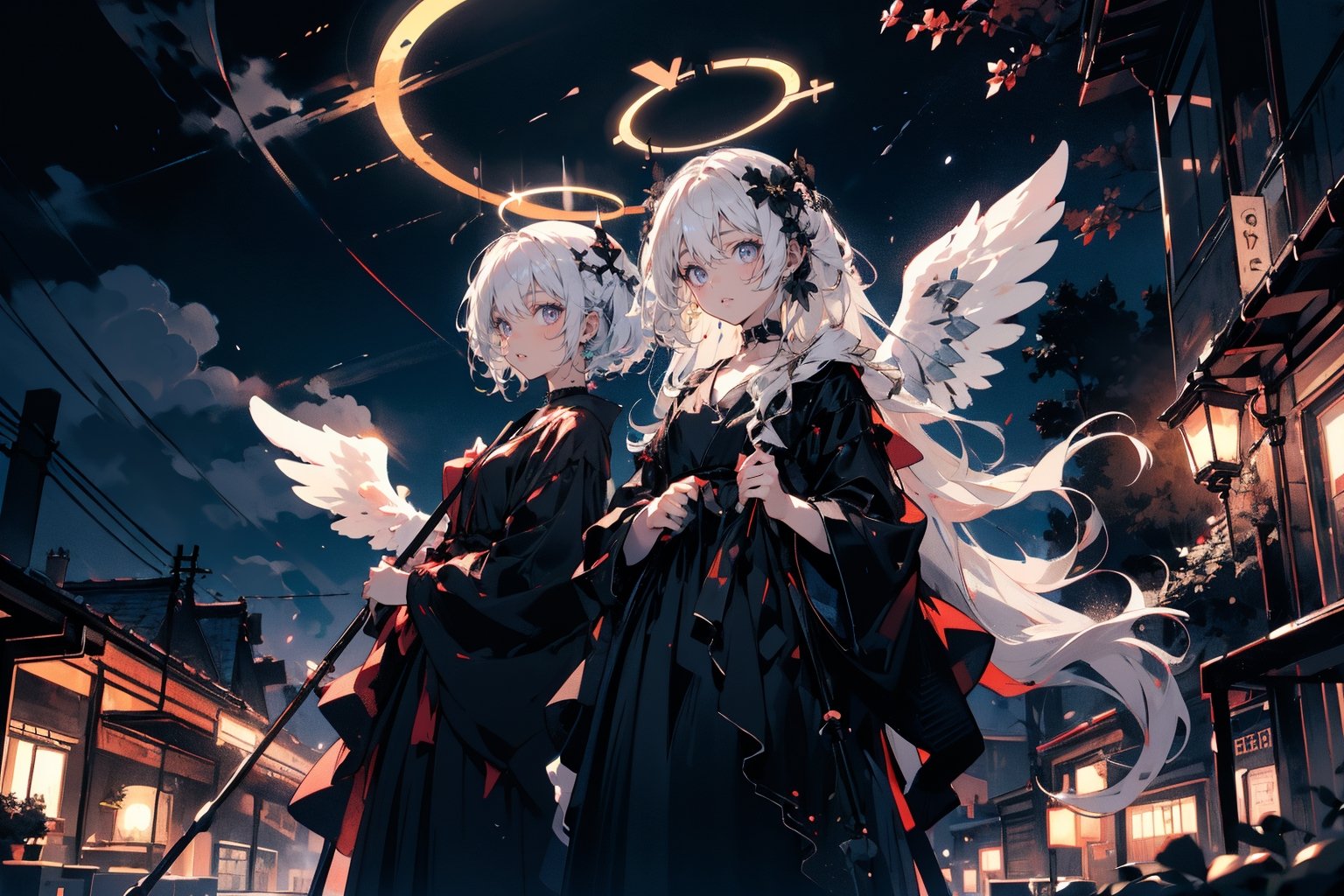 2 cute girl holding Staff, white hair, pale skin, balck dress, choker, vintage, night, night_sky, angel_halo,halo,Holy light,anime girl