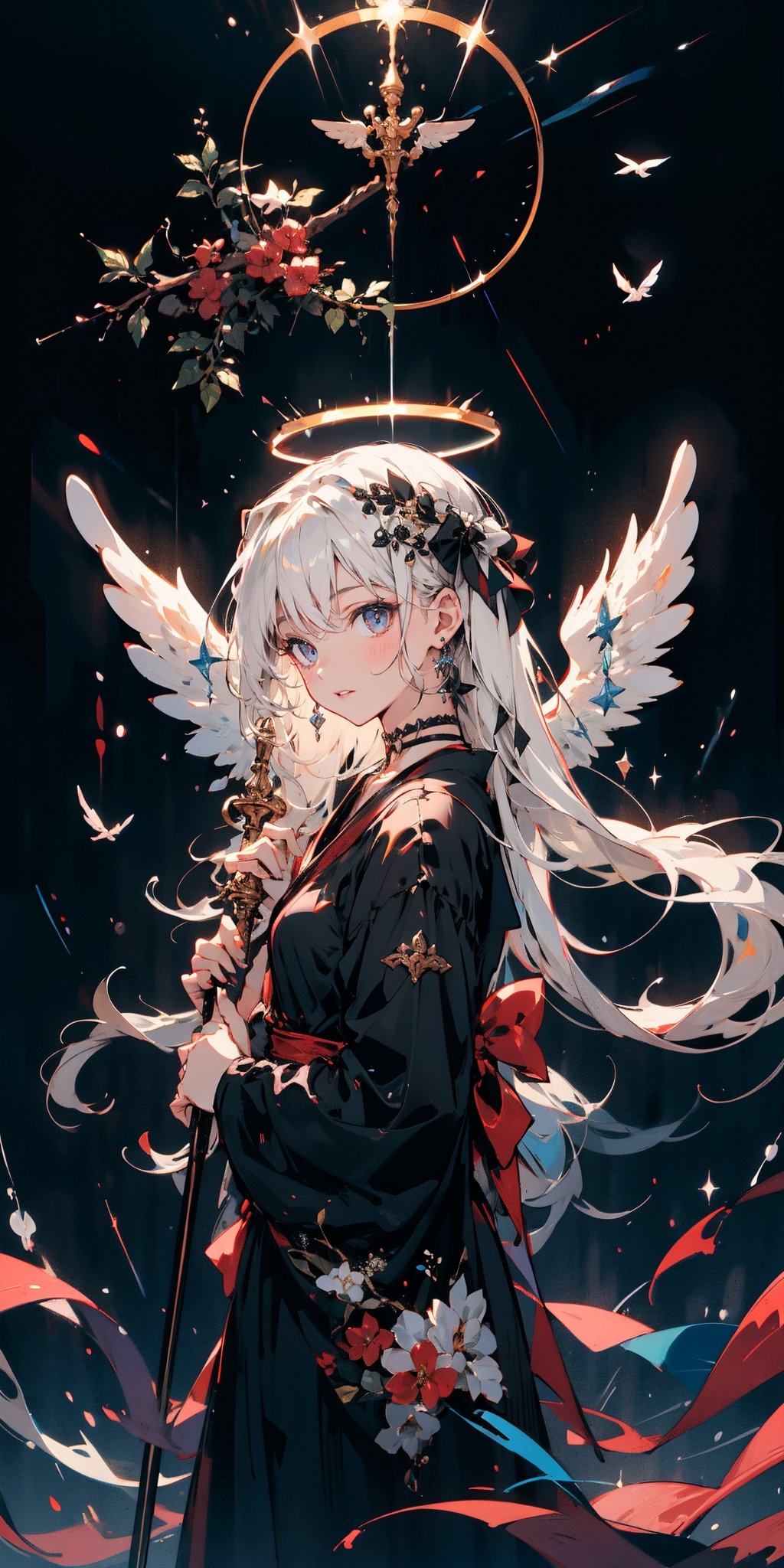 2 cute girl holding Staff, white hair, pale skin, balck dress, choker, vintage, night, night_sky, angel_halo,halo,Holy light,anime girl