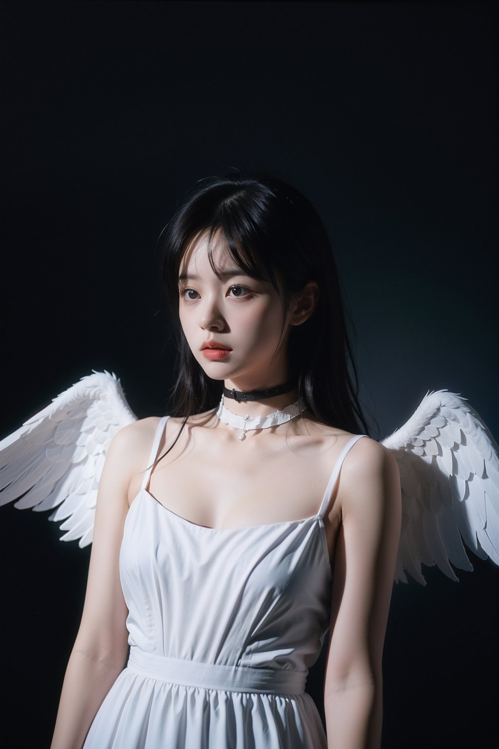 analog photo, a cute girl, black hair, pale skin, White dress, choker, vintage, faded film, film grain, night_sky, big angel wings, angel_halo,halo,dark background