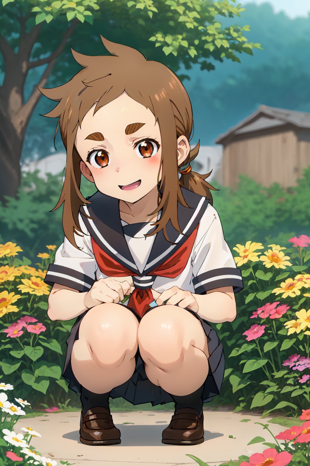 mina_hibino, forehead, short hair, brown hair, sidelocks, low ponytail, brown eyes,
school uniform, serafuku, squatting, looking at flowers, happy, flowers, flowerbed, colorful flowers, outdoors